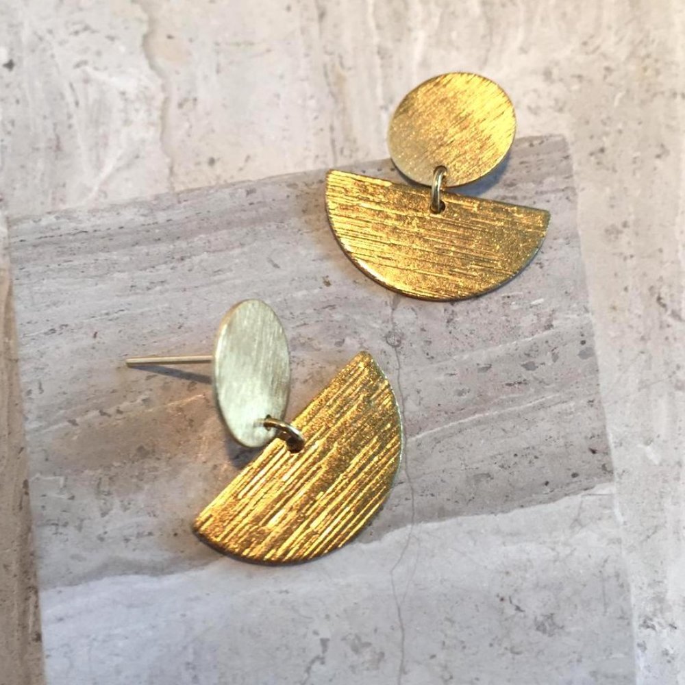 Gold Disk and half circle dangle —Post Earrings
